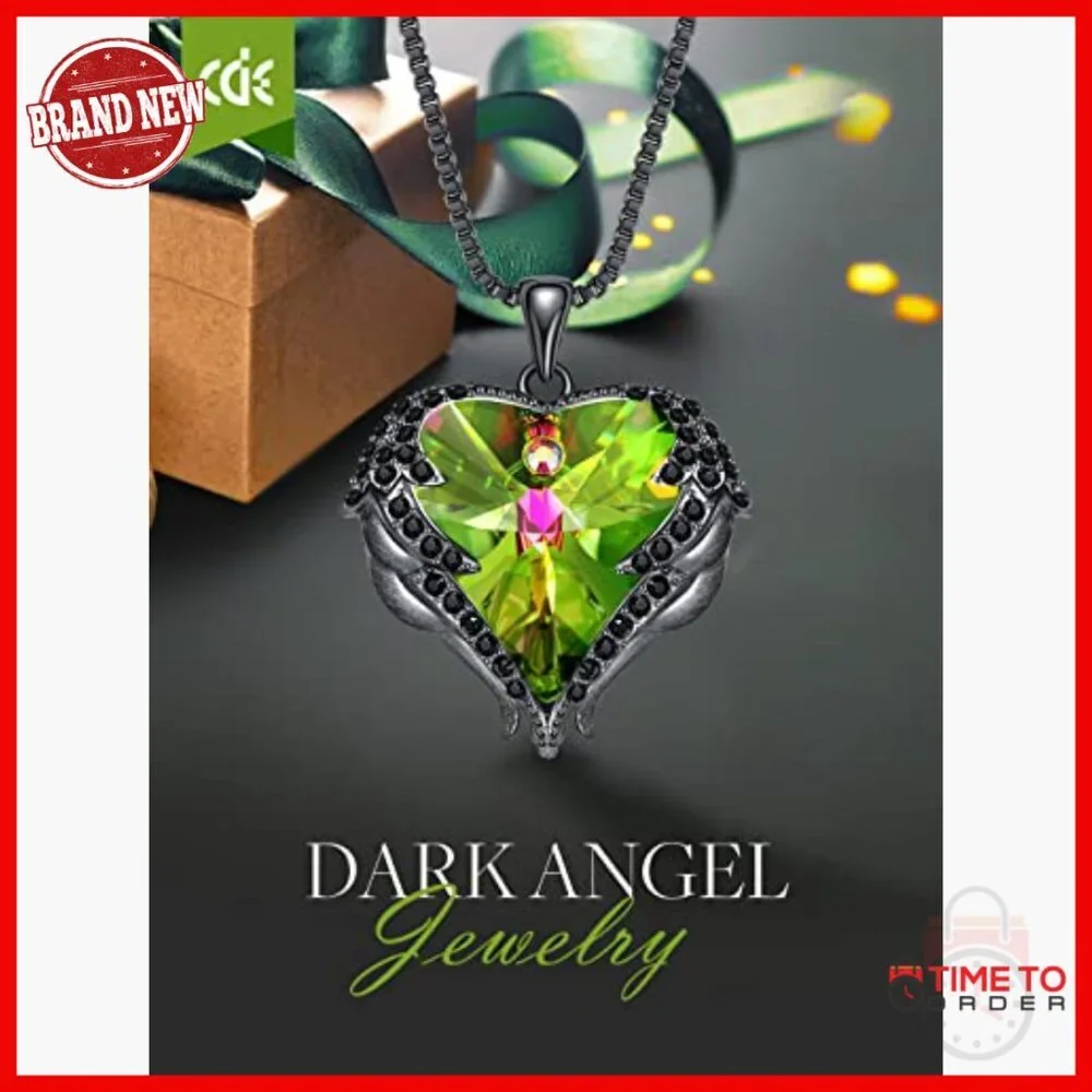 Angel Wings Heart Pendant Necklace with Birthstone Crystal Gift for Women